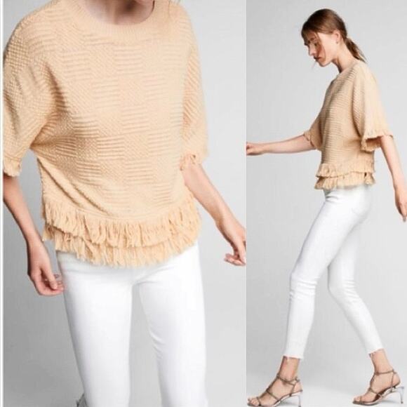 Zara Cream Beige Tweed Knit Fringe Crewneck Short Sleeve Sweater Top Size XS - Picture 5 of 11
